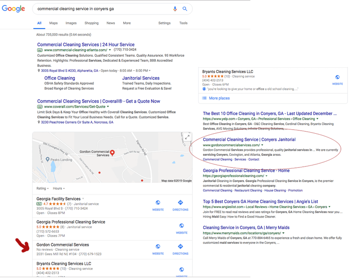 SEO Google search results for business listed at the top of the first page