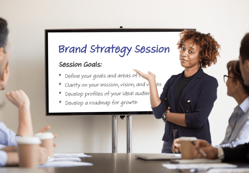 Brand Strategy Session meeting with CEO Stephanie Mays at the white board with Brand Strategy session goals listed